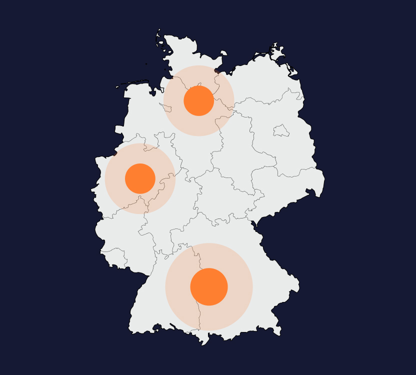 expertum - Abbildung einer Deutschlandkarte mit drei großen orangefarbenen Kreisen, die auf zentrale Regionen im Norden, Westen und Süden hinweisen. Diese Markierungen veranschaulichen regionale Schwerpunkte für den Einsatz von Fachkräften und Projekten in der Industrie sowie für die Personalvermittlung. Der dunkelblaue Hintergrund unterstreicht die Darstellung auf neutrale Weise. Das Bild richtet sich sowohl an Unternehmen als auch an Bewerber aus dem industriellen Umfeld.